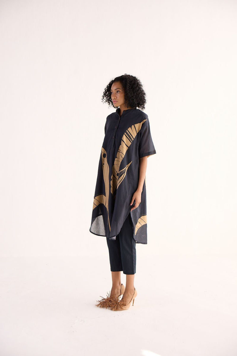 SHADOW LEAF KURTA SET cotton by Khara Kapas in charcoal for women in Singapore
