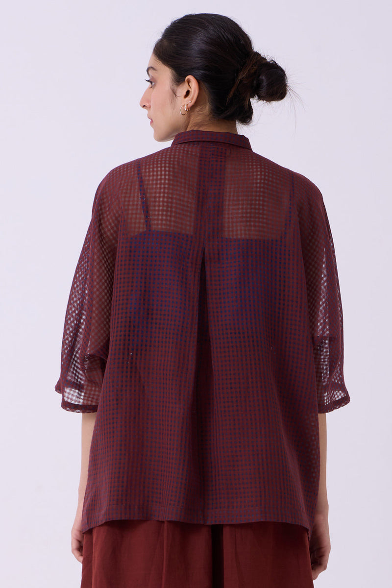 Zuri Blue Checkered HandwovenTop handwoven silk cotton top/shirt by The Summer House in blue for women in Singapore