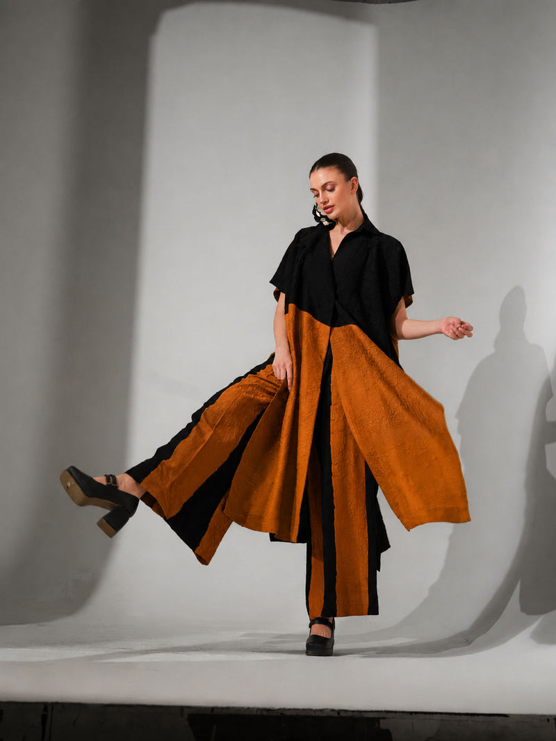 Awaken Tunic-Black + Ochre crushed silk tunics and kaftans by Stoique in black, ochre for women in Singapore