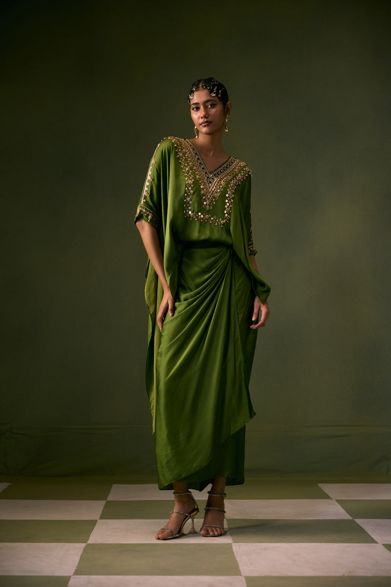 Nexa Antifit Top with Wrap Skirt vegan satin indo-western by PRAHNAAYA in musturd yellow for women in Singapore
