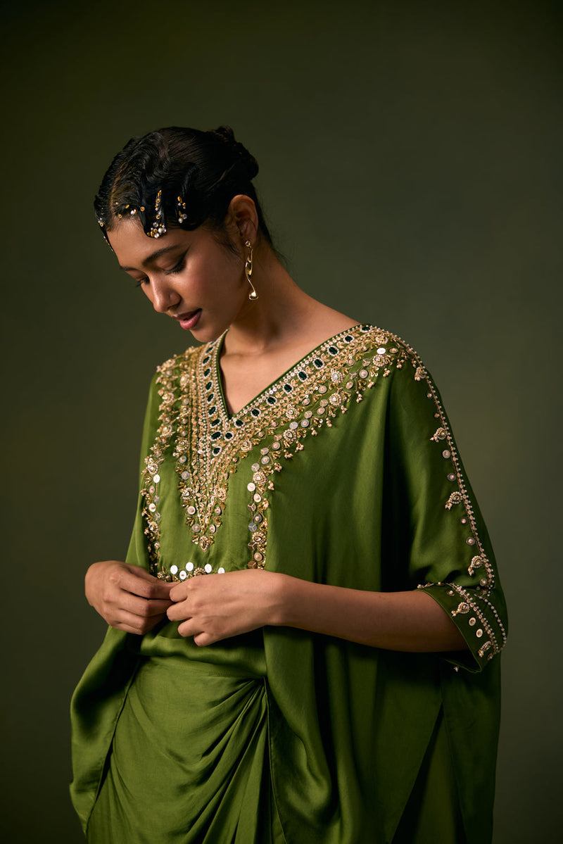 Nexa Antifit Top with Wrap Skirt vegan satin indo-western by PRAHNAAYA in musturd yellow for women in Singapore