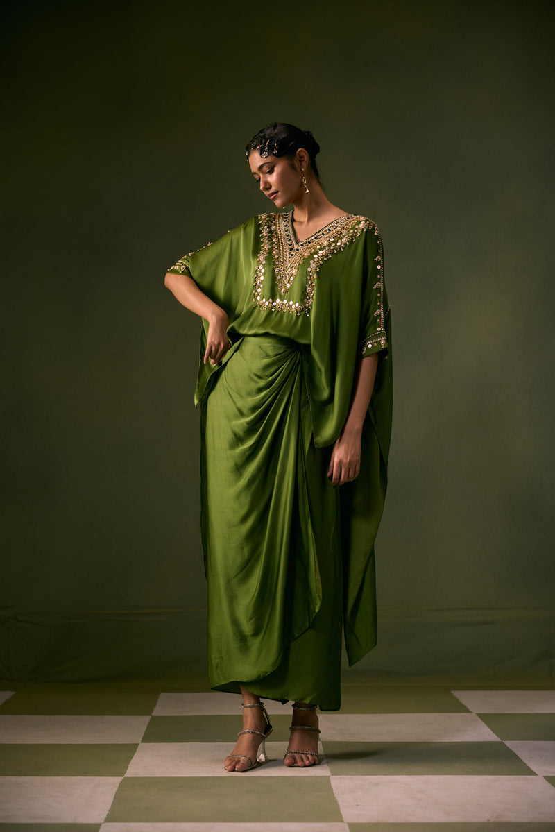 Nexa Antifit Top with Wrap Skirt vegan satin indo-western by PRAHNAAYA in musturd yellow for women in Singapore