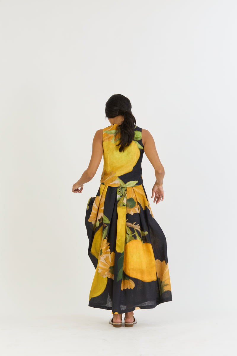 POMELLO WAISTCOAT AND BOX PLEAT SKIRT SET linen by Yam in yellow color for women in Singapore