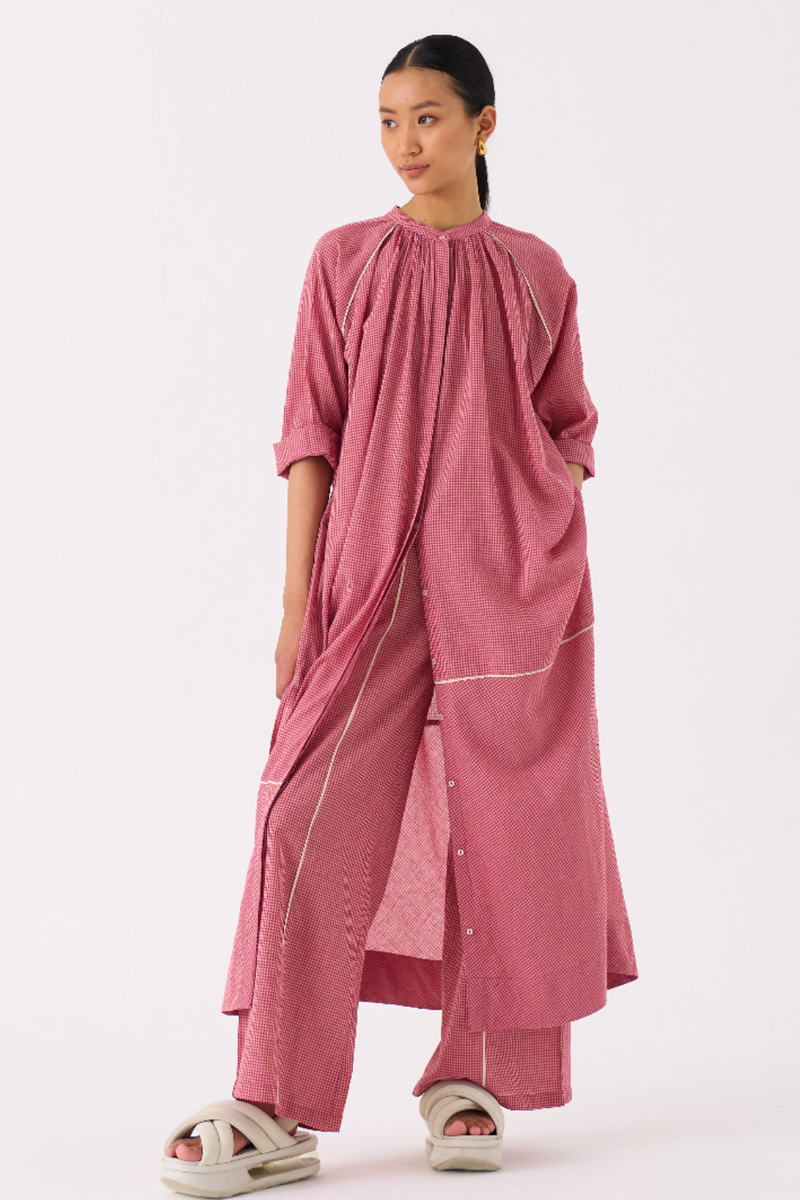 GATHER NECK SHIRT CO-ORD 
(SET OF 2)-PINK CHECK mul by THREE in pink color for women in Singapore