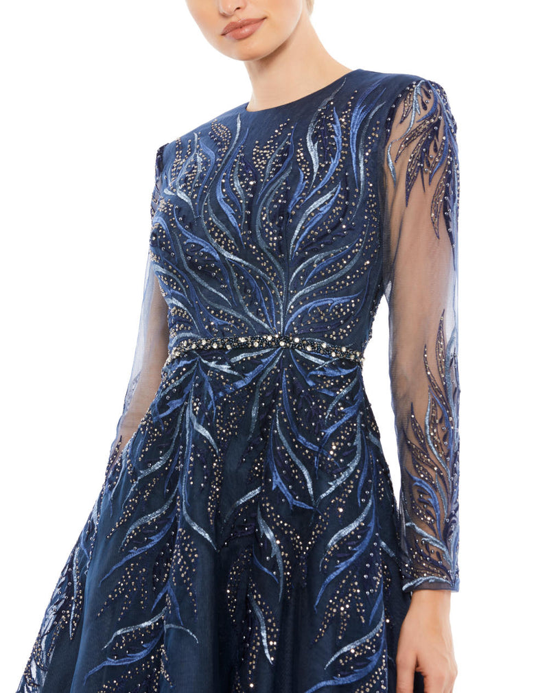 A11136-SEQUINED LONG SLEEVE HIGH NECK TRUMPET DRESS by Mac Duggal for women in Singapore