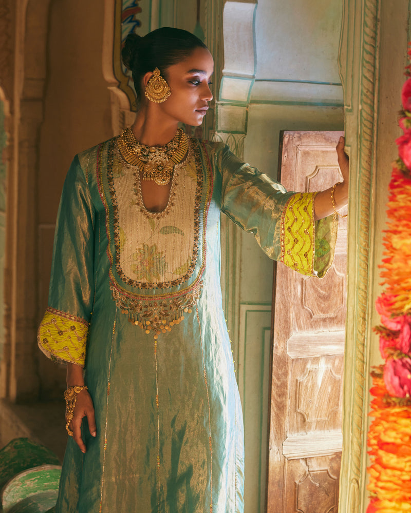 Khel Teal Tissue Yoke Kurta Set silk by Rajiramniq in multi color for women in Singapore