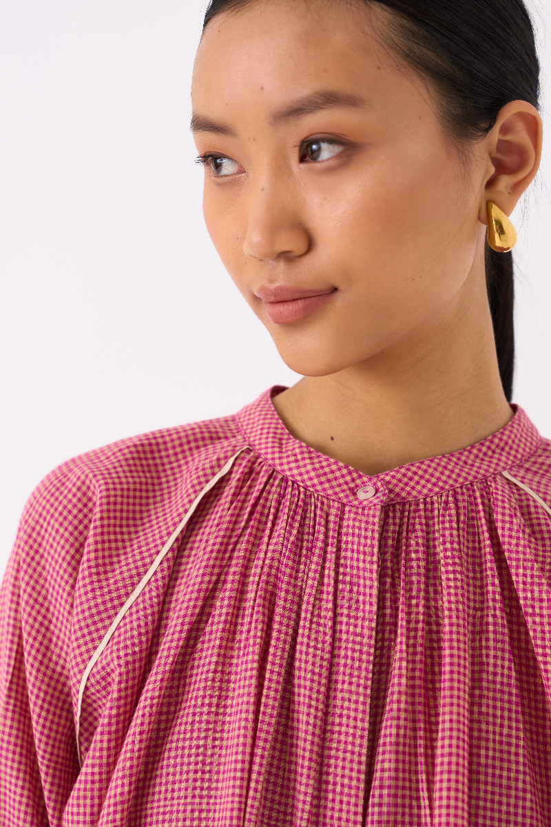 GATHER NECK SHIRT-PINK CHECK mul by THREE in pink color for women in Singapore