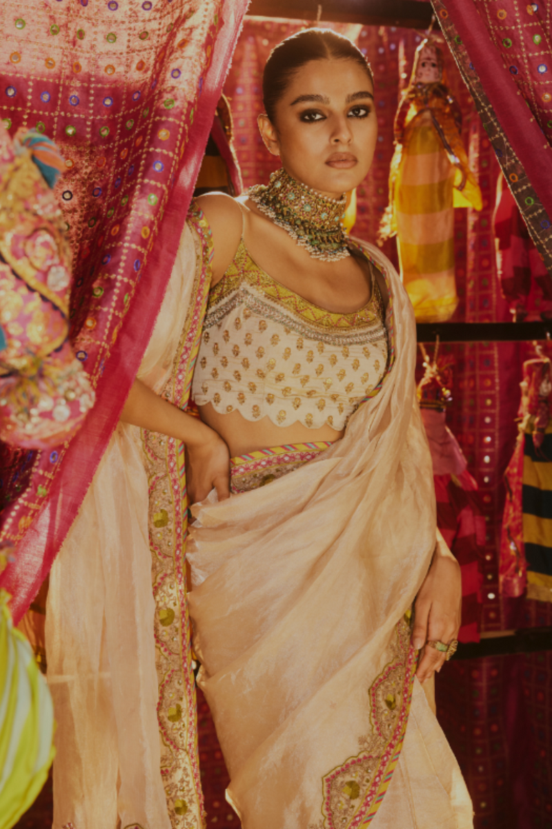 Khel Ivory Tissue Saree silk by Rajiramniq in ivory color for women in Singapore