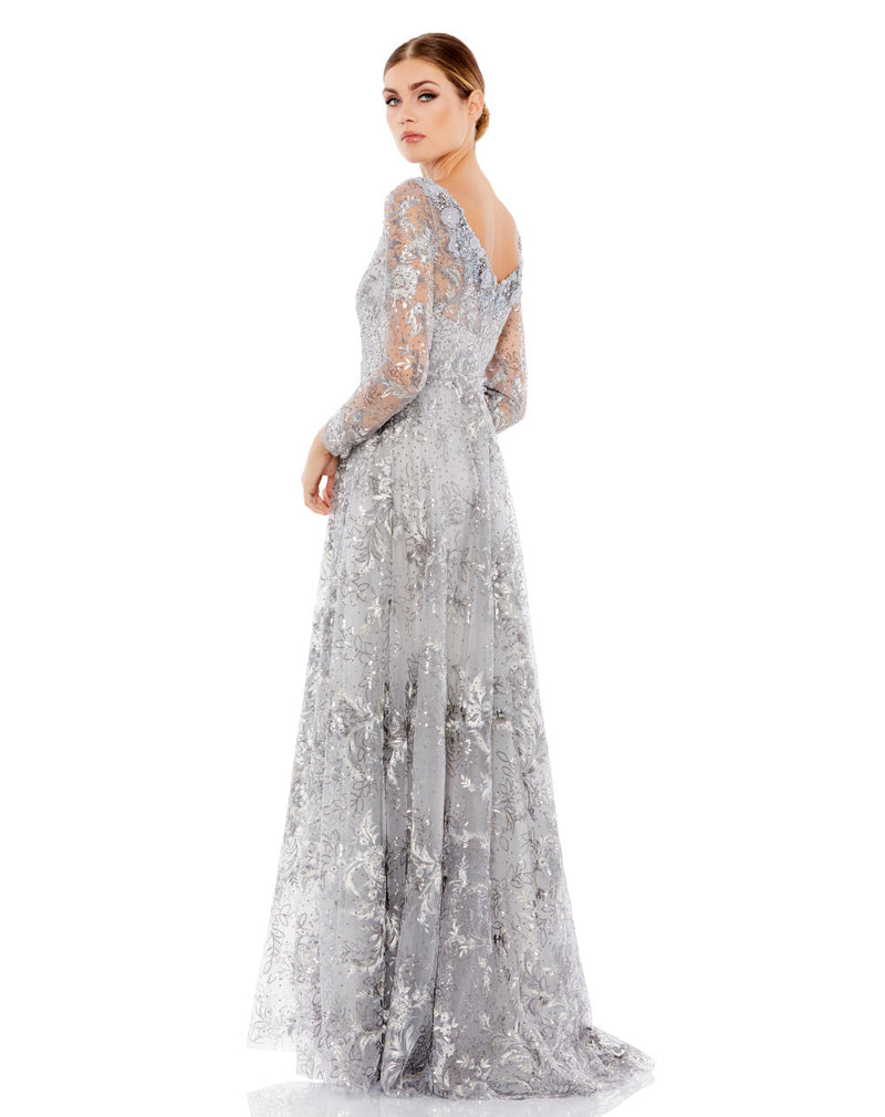 A67498-Floral Embroidered Illusion Long Sleeve Gown by Mac Duggal in silver color for women in Singapore