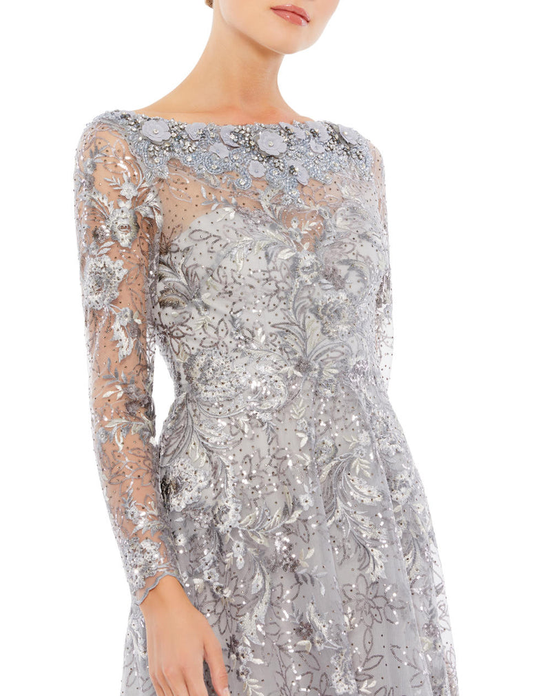 A67498-Floral Embroidered Illusion Long Sleeve Gown by Mac Duggal in silver color for women in Singapore