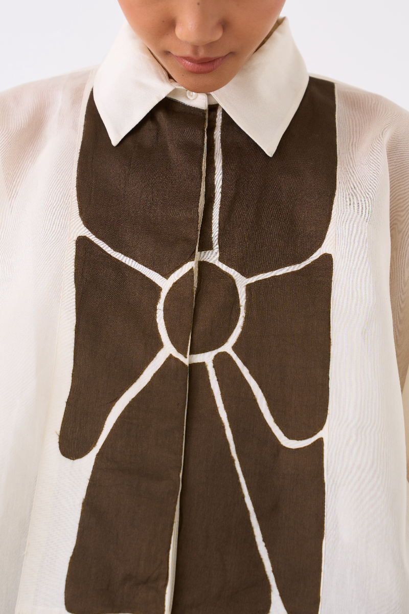 FLORAL APPLIQUE SHIRT-IVORY chanderi by THREE in ivory color for women in Singapore