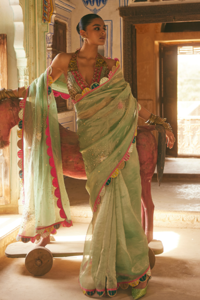 Khel Powder Blue Pearl Sprinkle Tissue Saree organza by Rajiramniq in blue color for women in Singapore