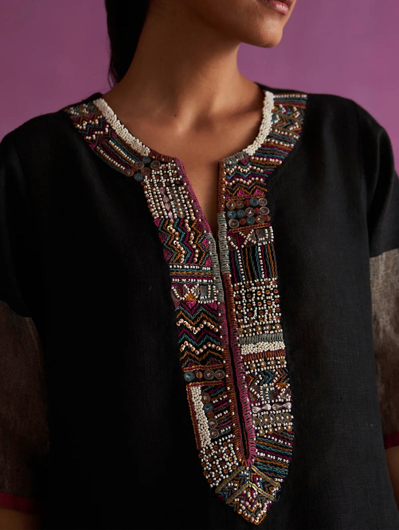 Mato Hand-Embroidered Kurta - Black linen by Manan in black color for women in Singapore