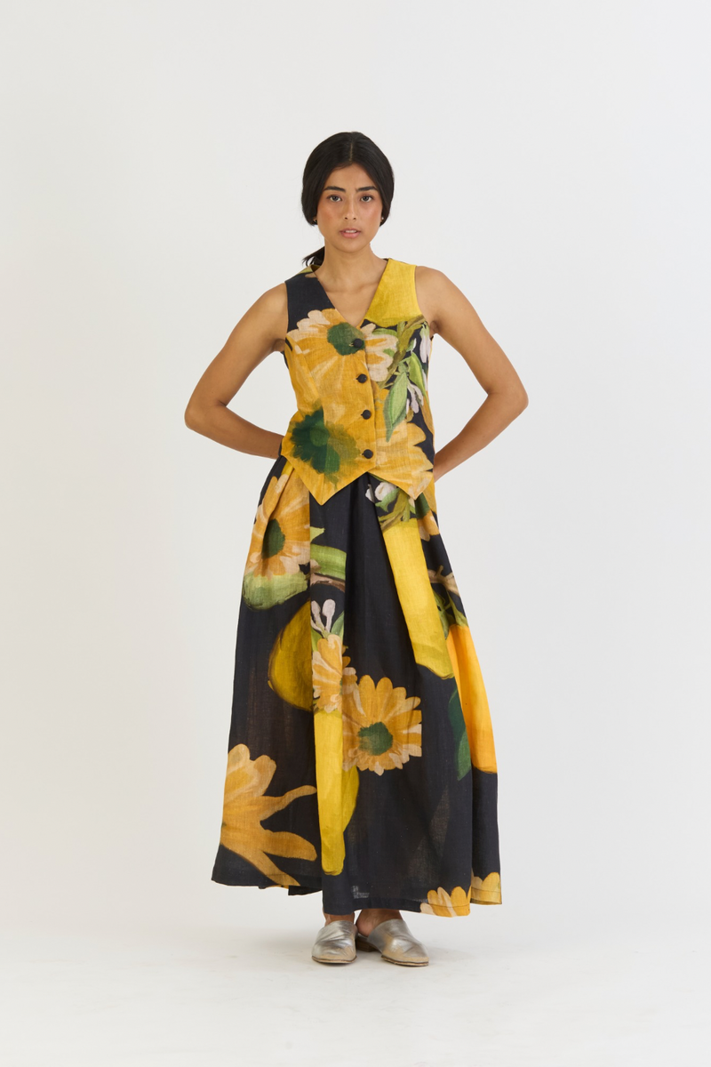 POMELLO WAISTCOAT AND BOX PLEAT SKIRT SET linen by Yam in yellow color for women in Singapore
