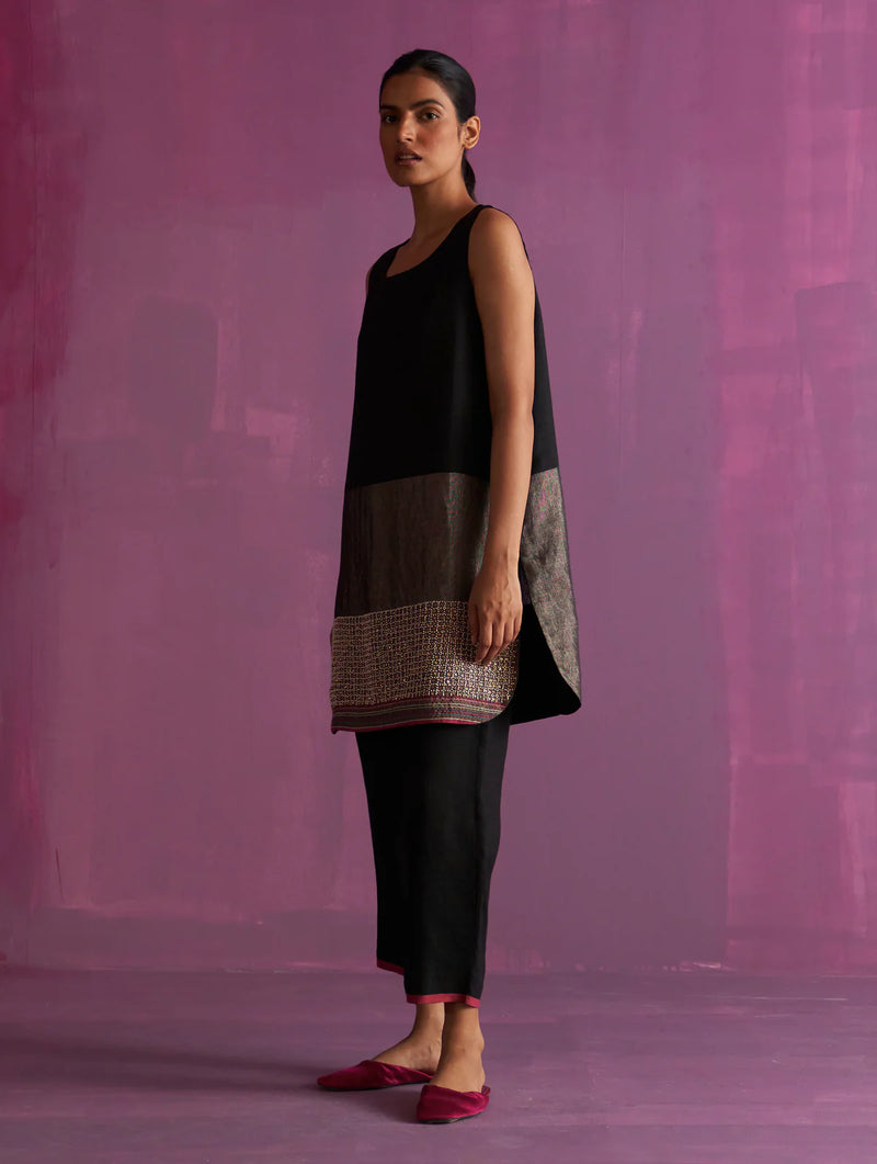 Irum Hand-Embroidered Sleeveless Kurta - Black linen by Manan in black color for women in Singapore