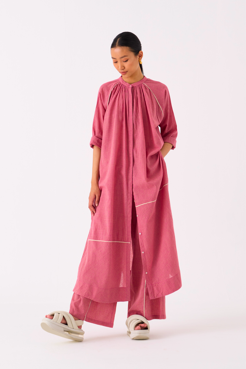 GATHER NECK SHIRT-PINK CHECK mul by THREE in pink color for women in Singapore
