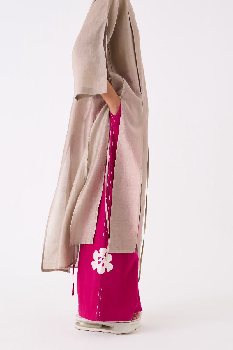 PANELLED TUNIC CO-ORD 
(SET OF 2)-ASH GREY & FUSCHIA chanderi by THREE in multi color for women in Singapore