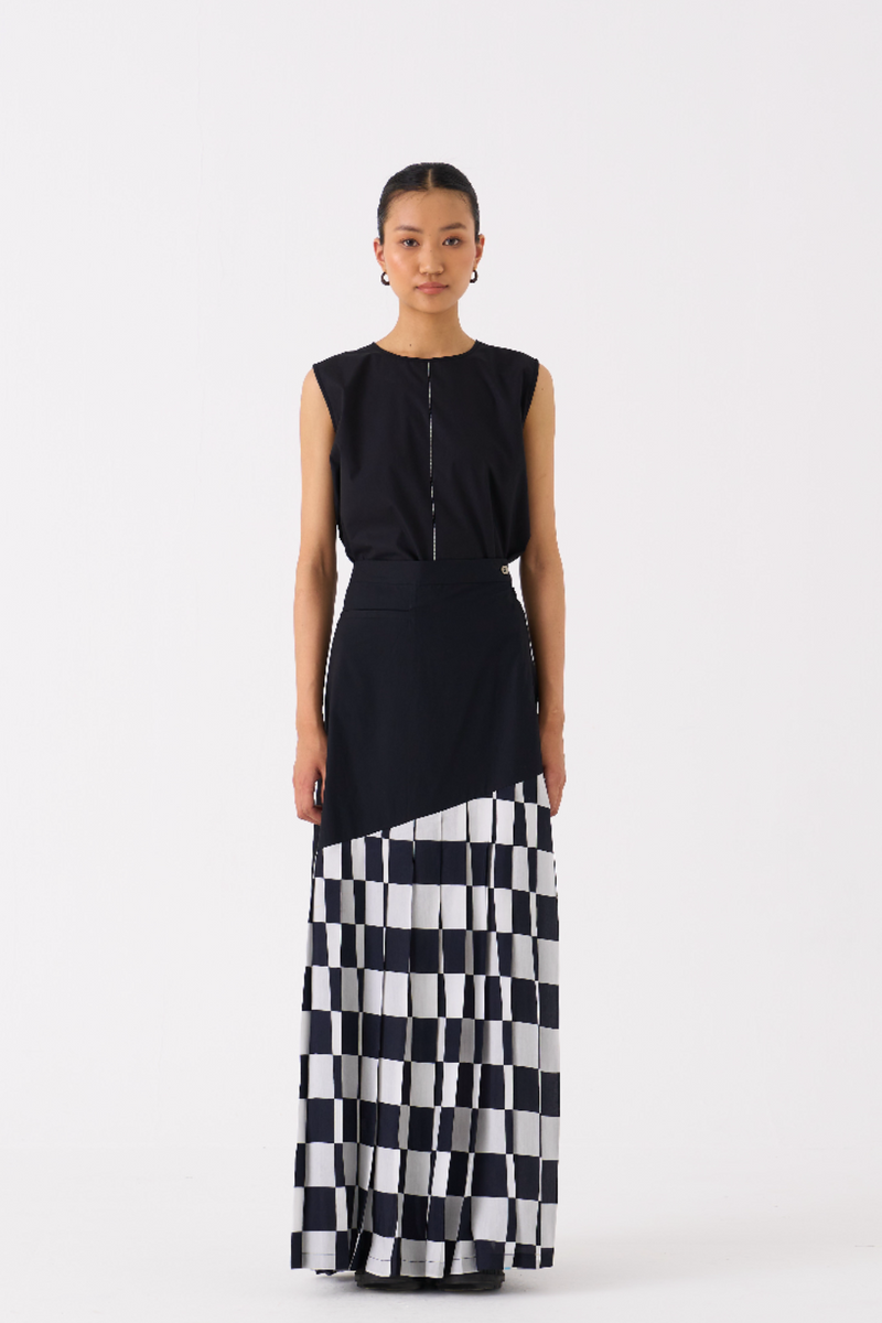 CHECKERED SKIRT CO-ORD 
(SET OF 2)-
BLACK poplin by THREE in black color for women in Singapore
