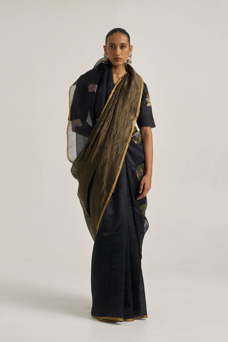 Aaroohi Sari-Black handwoven silk organza jamdani by Suparna Som in black for women in Singapore