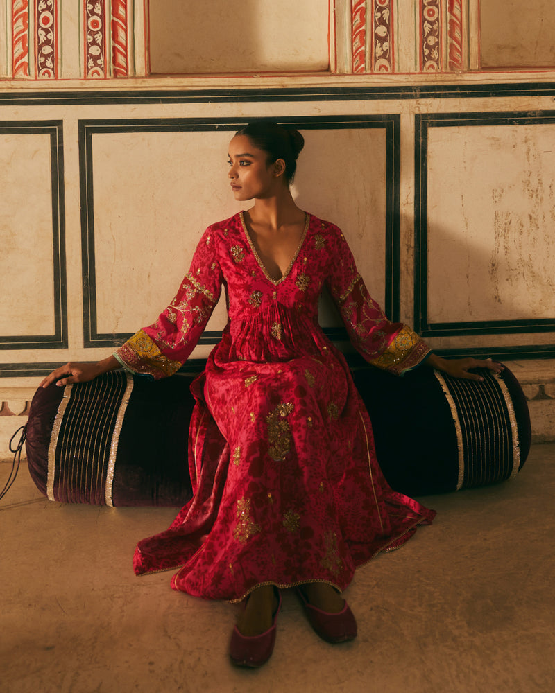 Khel Hot Pink Red Shadow Print Front Puckering Kurta Set mul by Rajiramniq in multi color for women in Singapore