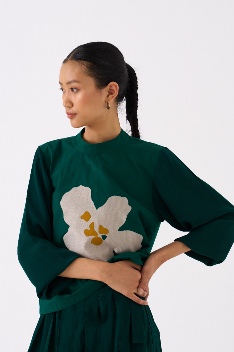FLORAL APPLIQUE TOP-DARK GREEN poplin by THREE in green color for women in Singapore