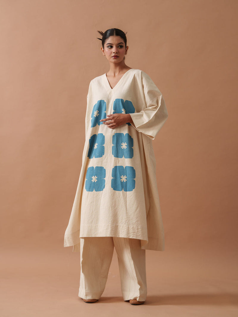 Marigold Tunic handwoven cotton top/shirt by Stoique in natural, blue for women in Singapore