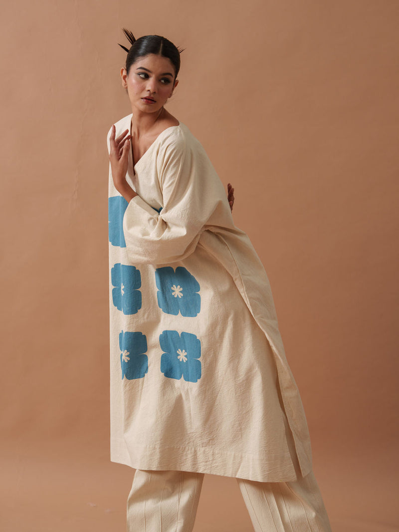 Marigold Tunic handwoven cotton top/shirt by Stoique in natural, blue for women in Singapore