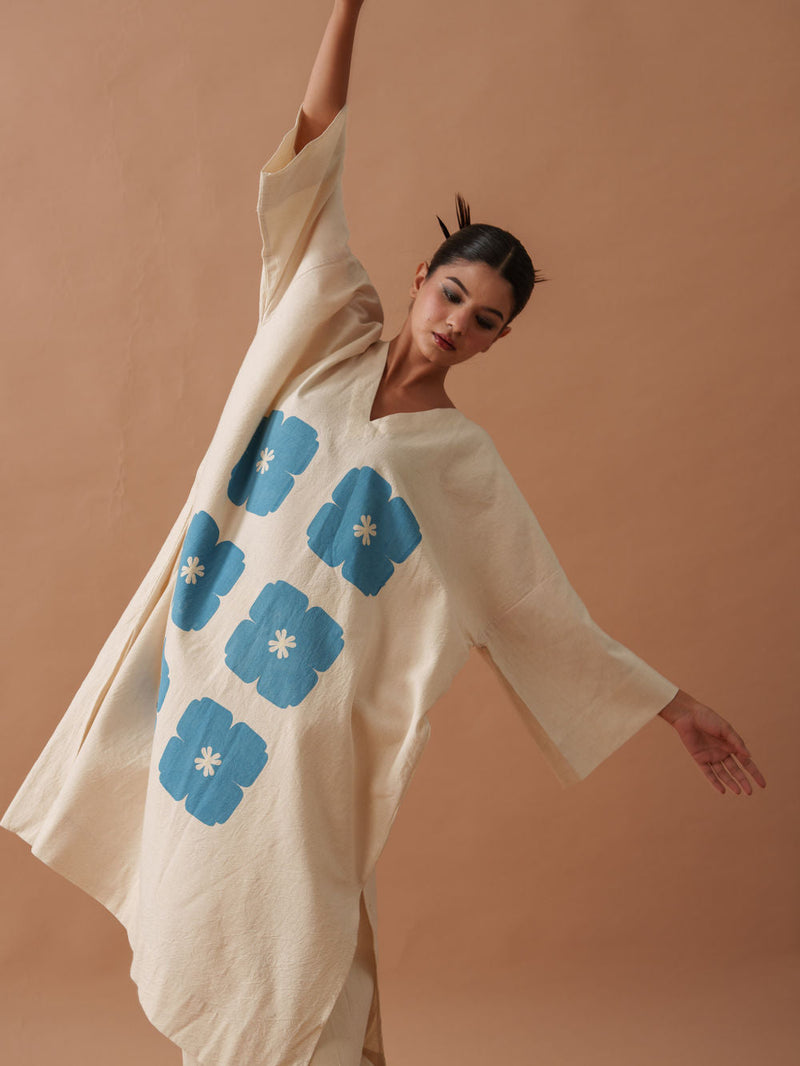 Marigold Tunic handwoven cotton top/shirt by Stoique in natural, blue for women in Singapore