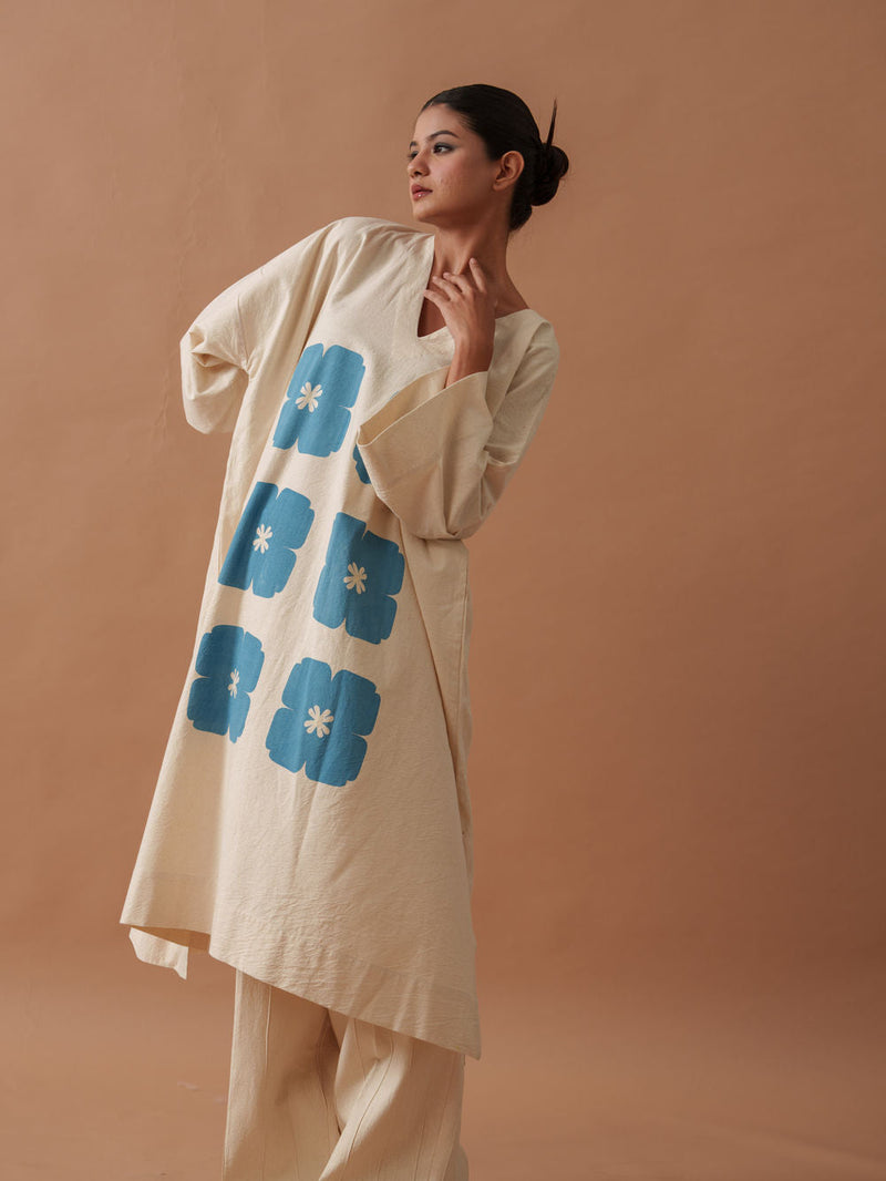 Marigold Tunic handwoven cotton top/shirt by Stoique in natural, blue for women in Singapore