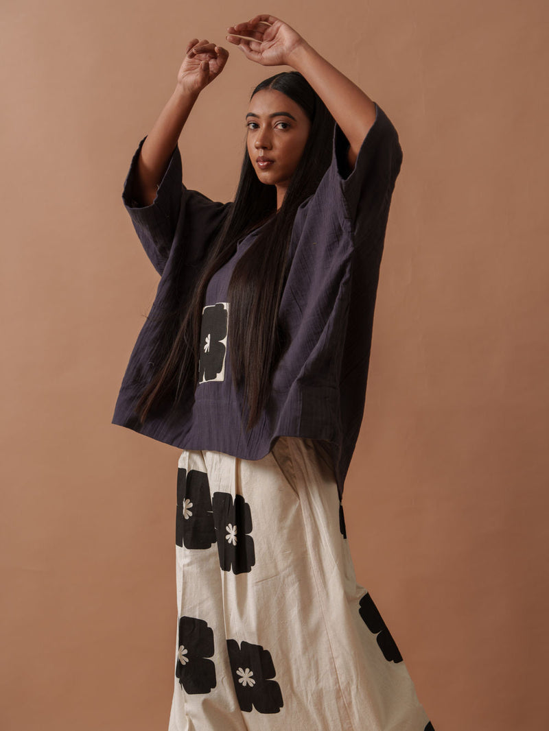 Monk Top crushed cotton top/shirt by Stoique in ivory, black for women in Singapore