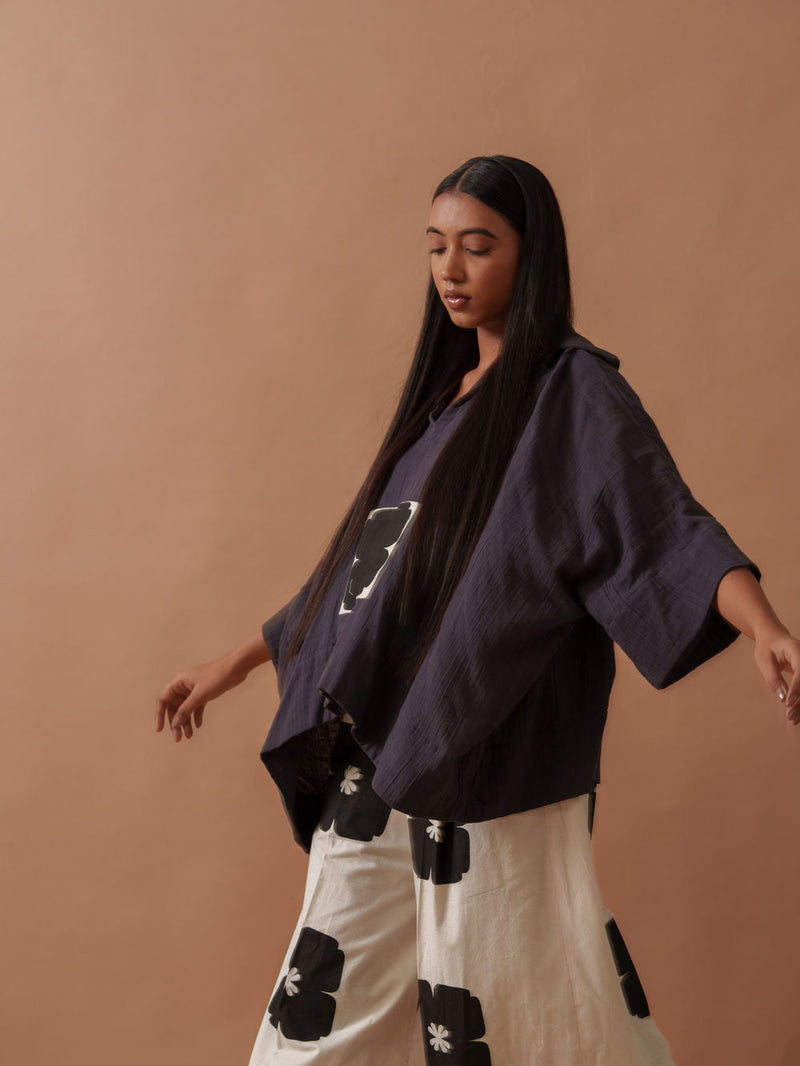Monk Top crushed cotton top/shirt by Stoique in ivory, black for women in Singapore