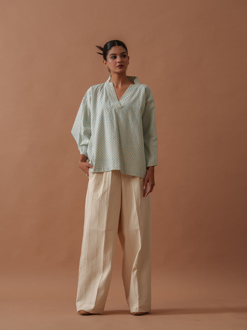 Heather Top handwoven cotton top/shirt by Stoique in natural, ice blue for women in Singapore