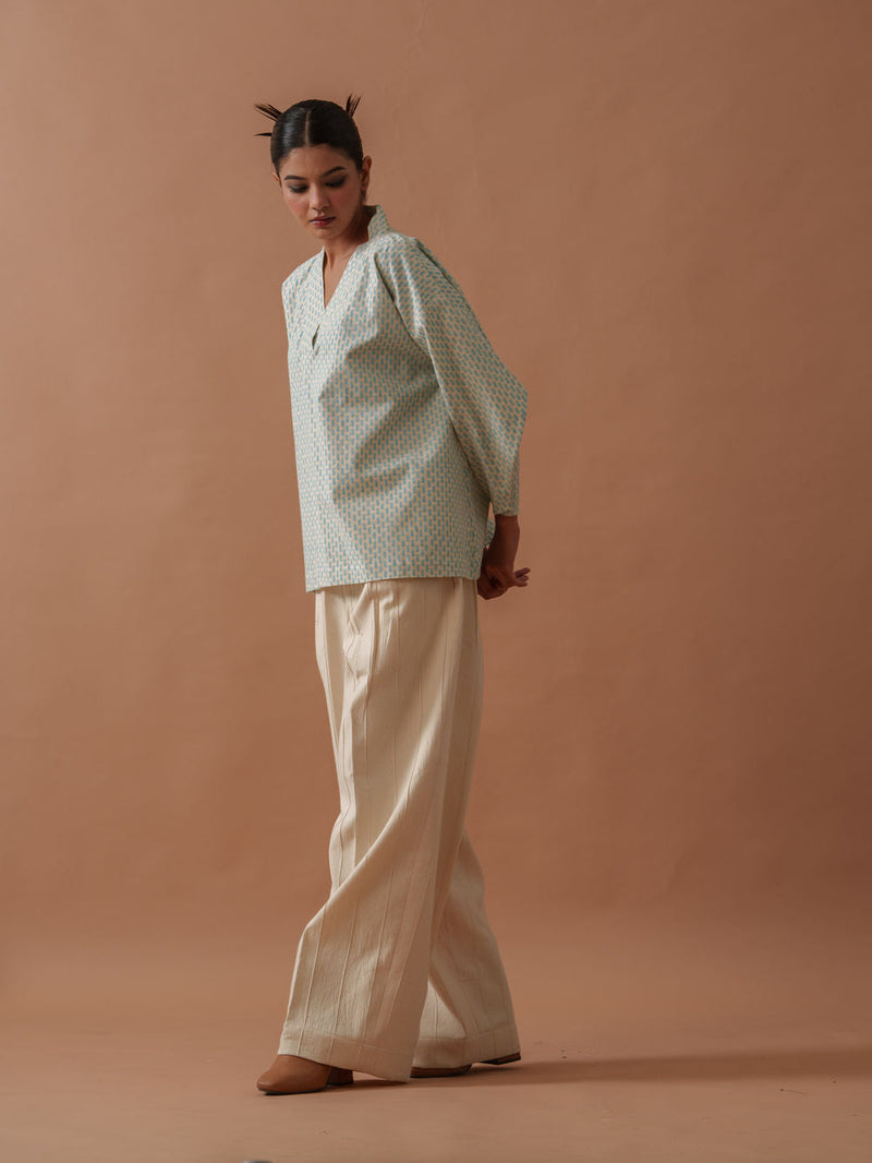 Heather Top handwoven cotton top/shirt by Stoique in natural, ice blue for women in Singapore
