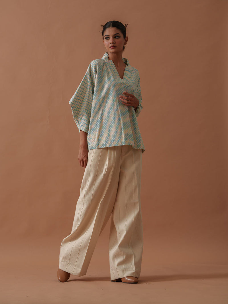 Heather Top handwoven cotton top/shirt by Stoique in natural, ice blue for women in Singapore