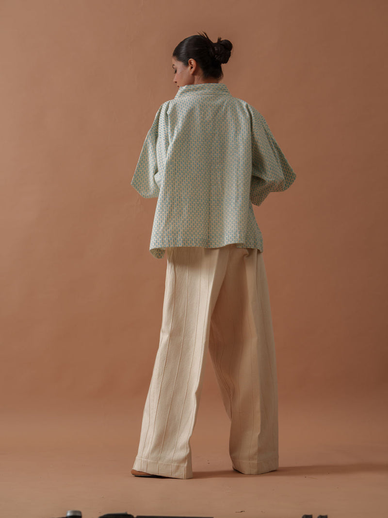 Heather Top handwoven cotton top/shirt by Stoique in natural, ice blue for women in Singapore