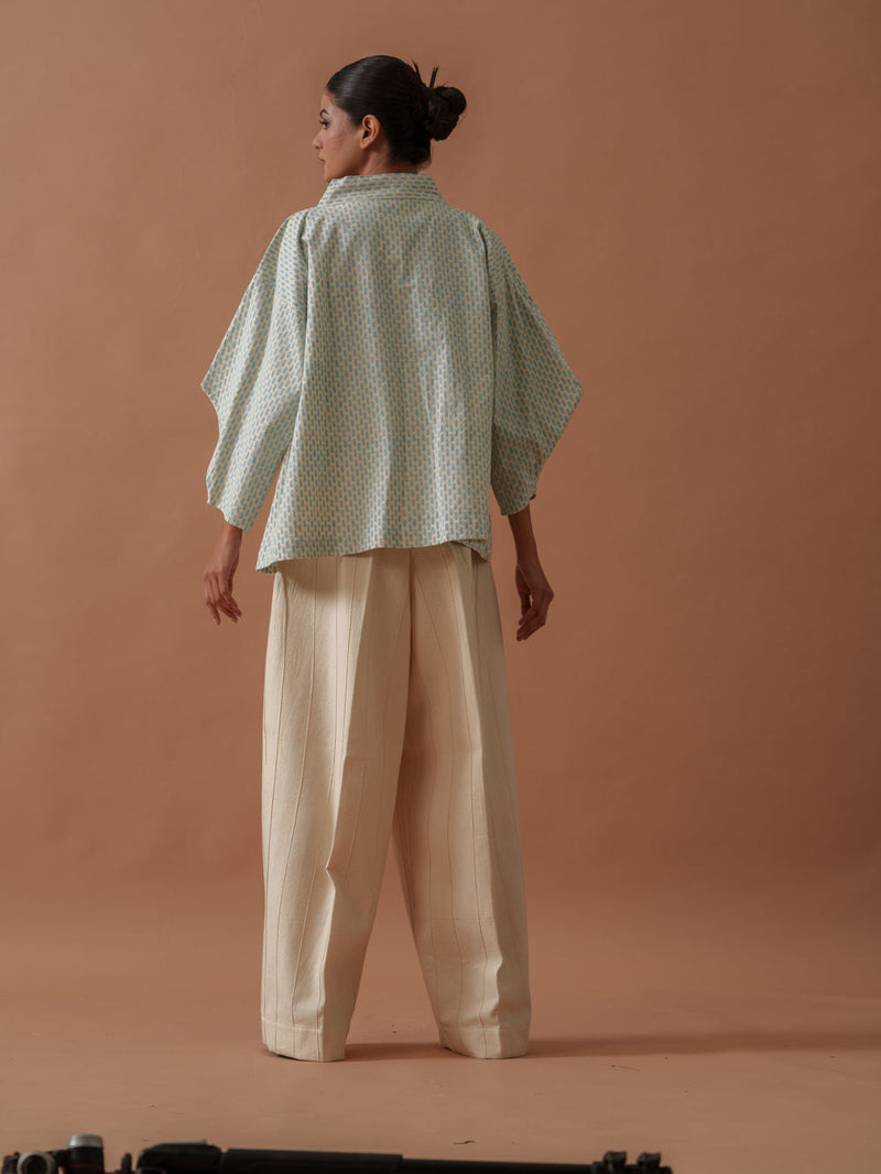 Heather Top handwoven cotton top/shirt by Stoique in natural, ice blue for women in Singapore