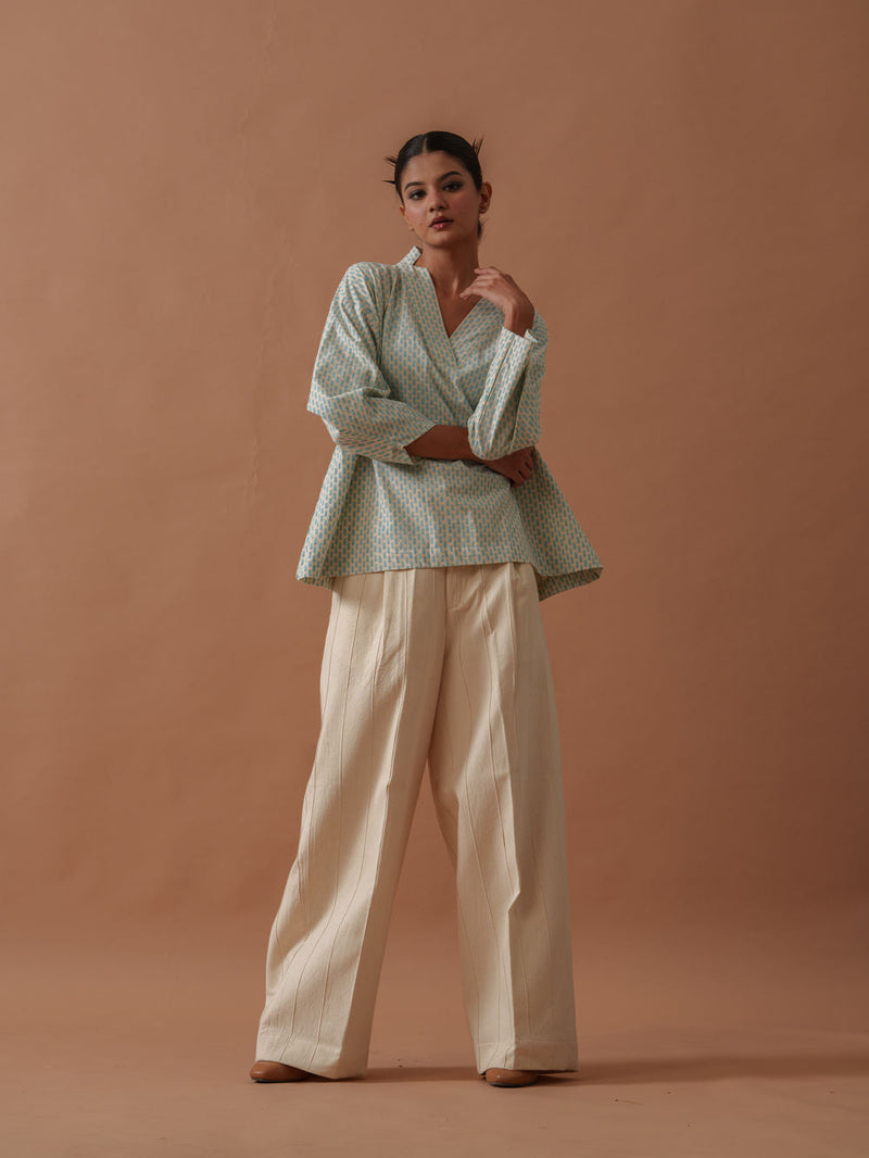Heather Top handwoven cotton top/shirt by Stoique in natural, ice blue for women in Singapore