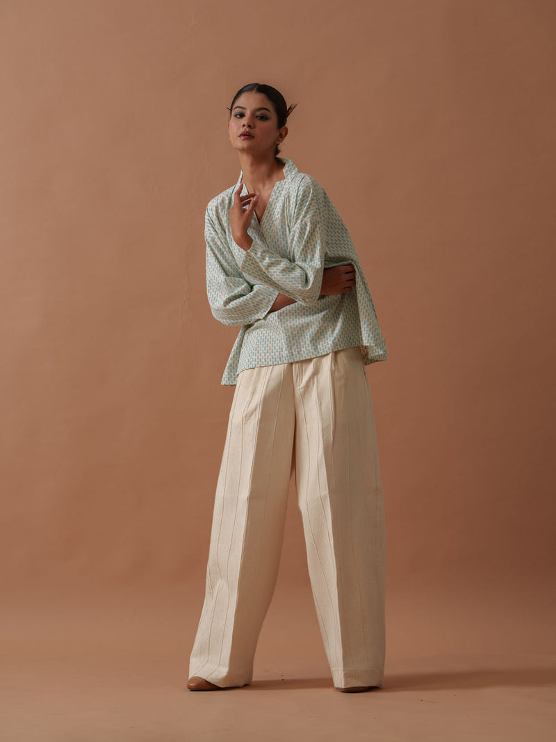 Heather Top handwoven cotton top/shirt by Stoique in natural, ice blue for women in Singapore