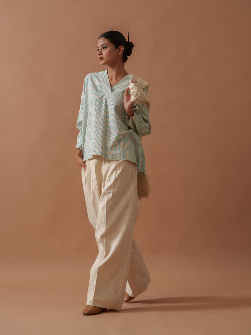Heather Top handwoven cotton top/shirt by Stoique in natural, ice blue for women in Singapore