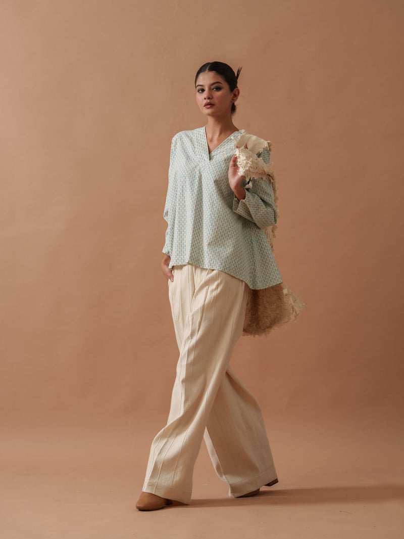 Heather Top handwoven cotton top/shirt by Stoique in natural, ice blue for women in Singapore