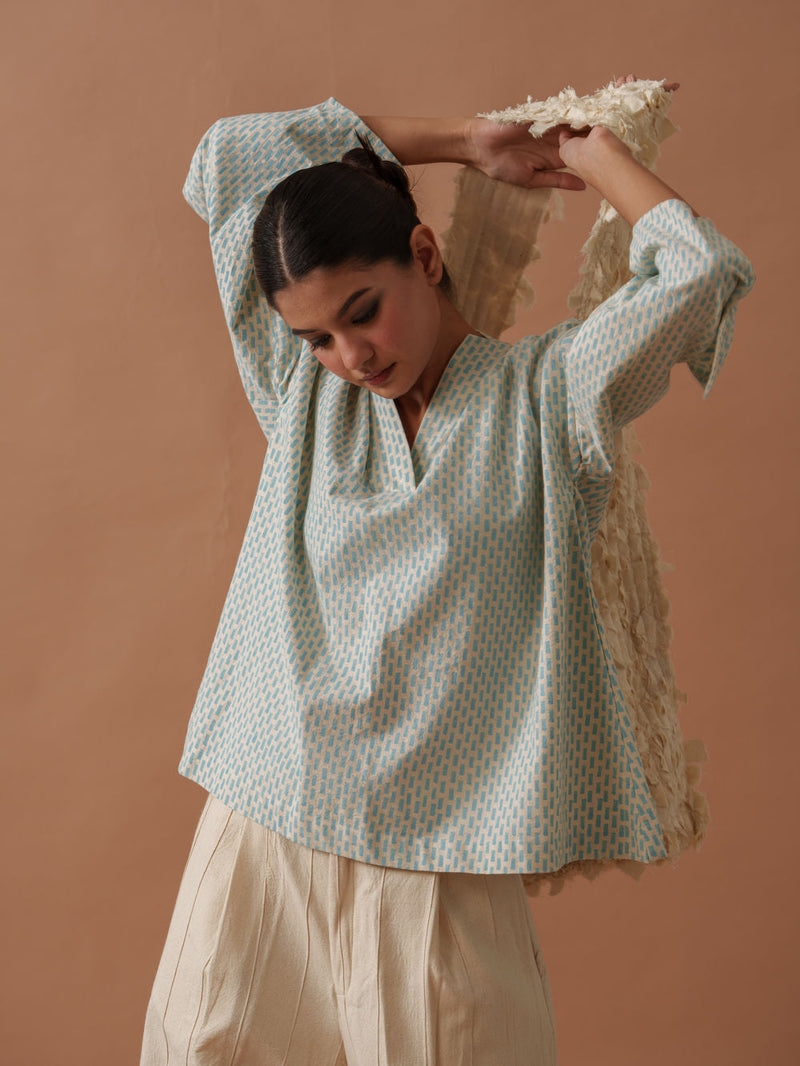 Heather Top handwoven cotton top/shirt by Stoique in natural, ice blue for women in Singapore