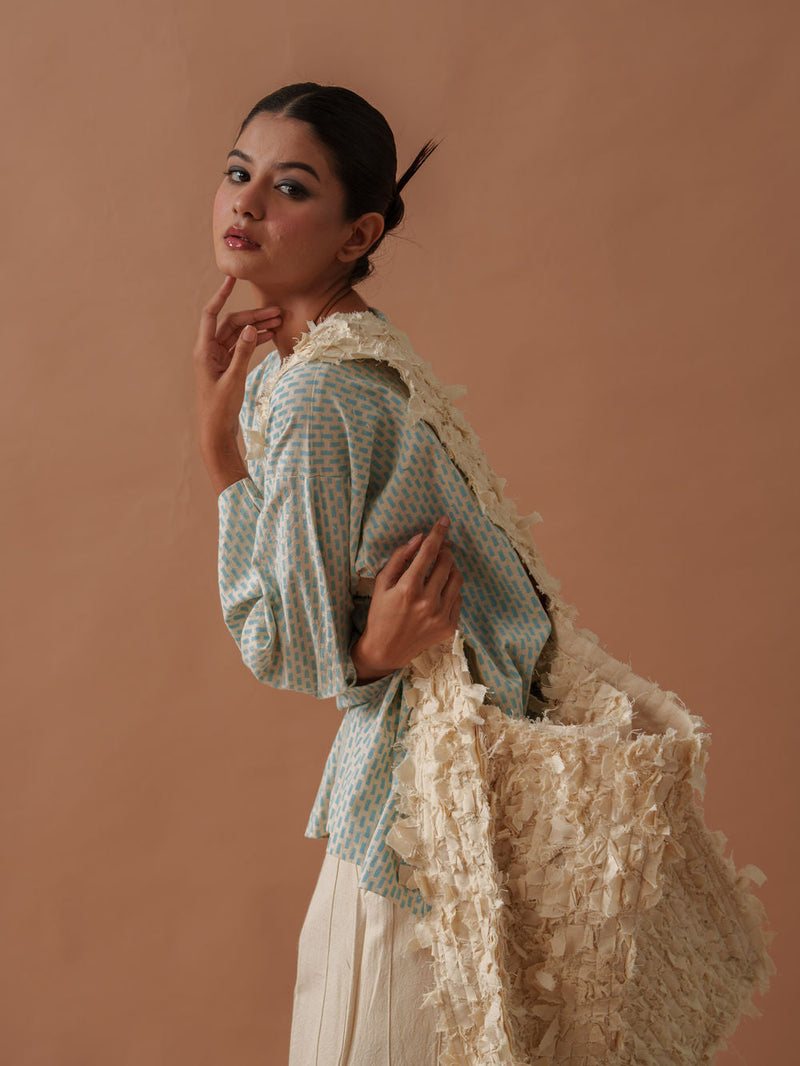 Heather Top handwoven cotton top/shirt by Stoique in natural, ice blue for women in Singapore