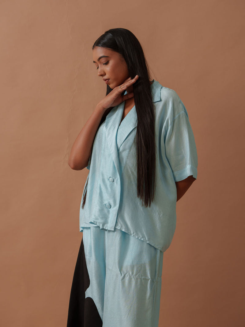 Gunpowder Flo Shirt Blue mysore silk top/shirt by Stoique in blue, black for women in Singapore