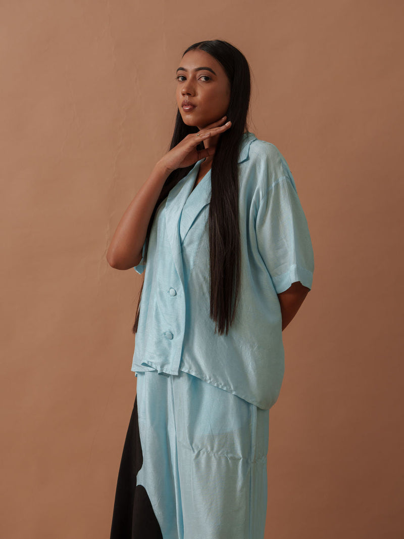 Gunpowder Flo Shirt Blue mysore silk top/shirt by Stoique in blue, black for women in Singapore
