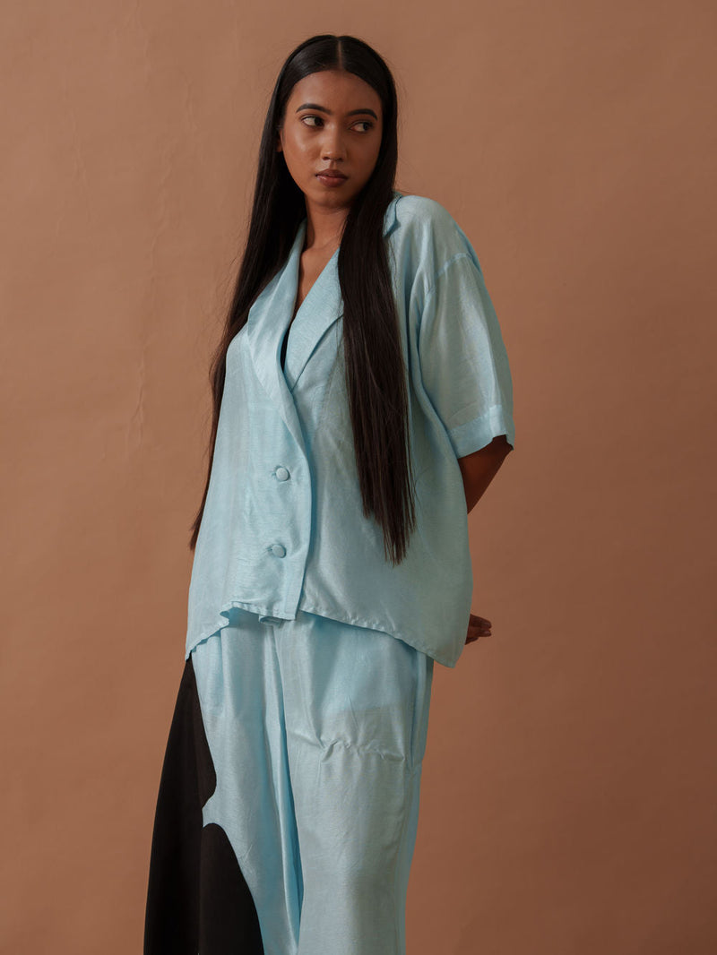 Gunpowder Flo Shirt Blue mysore silk top/shirt by Stoique in blue, black for women in Singapore