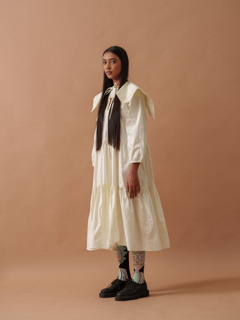 Daisy Dress cotton lycra dress by Stoique in ivory, green for women in Singapore