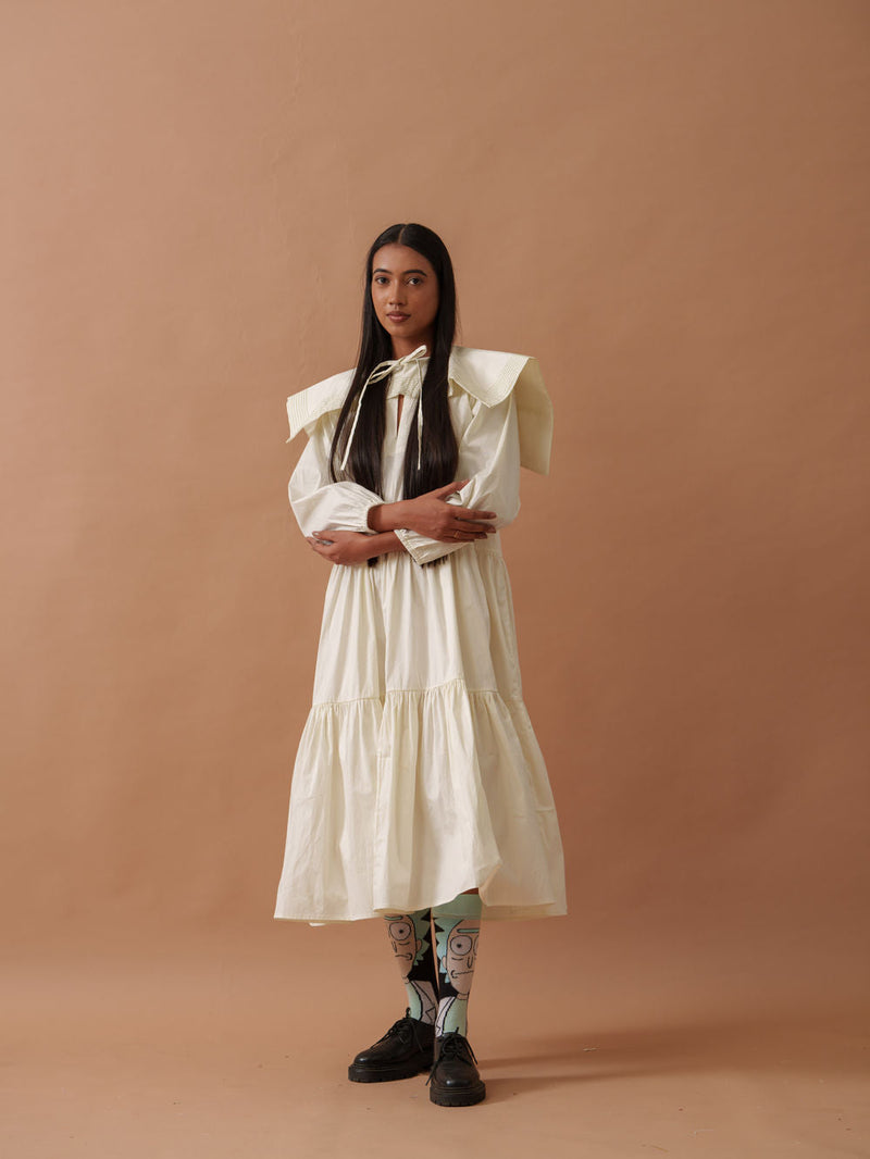 Daisy Dress cotton lycra dress by Stoique in ivory, green for women in Singapore