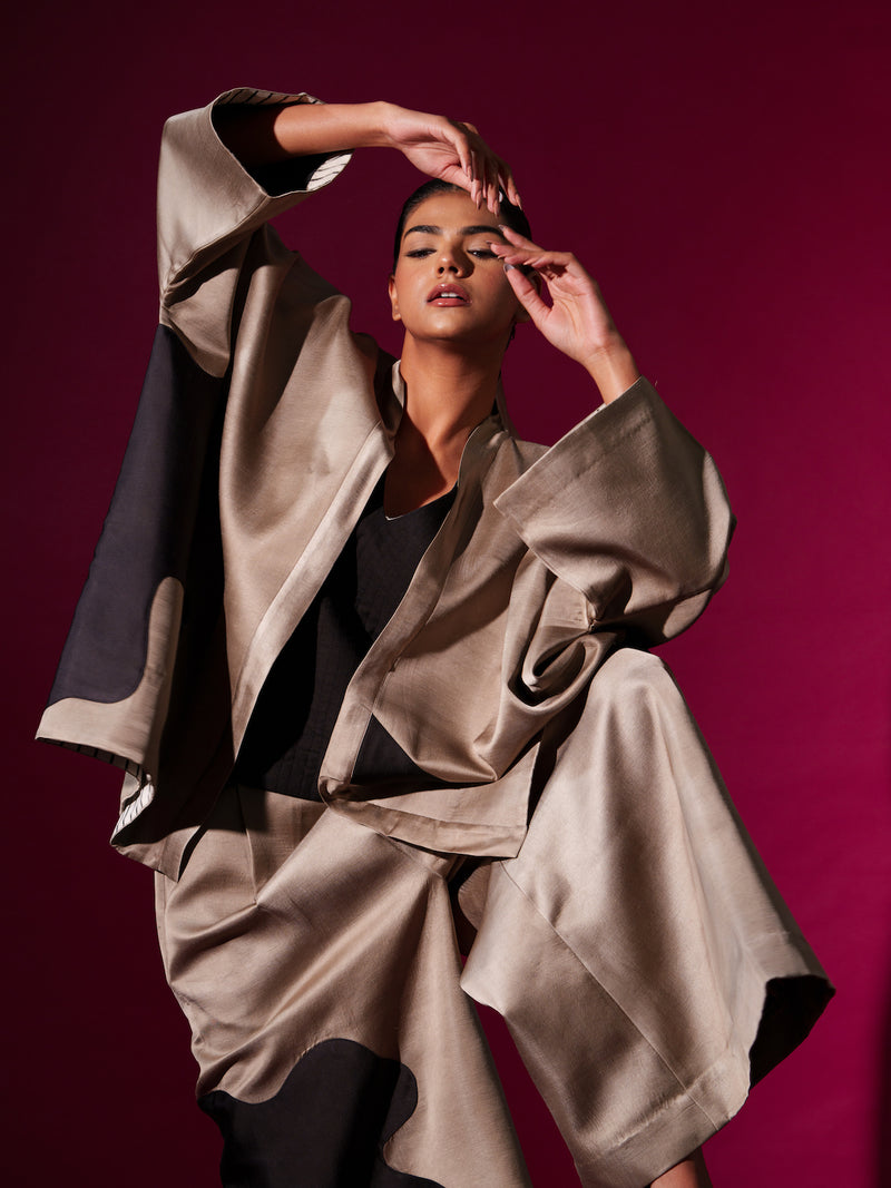 Chia jacket -Grey + Black satin linen jackets and overlays by Stoique in grey, black for women in Singapore