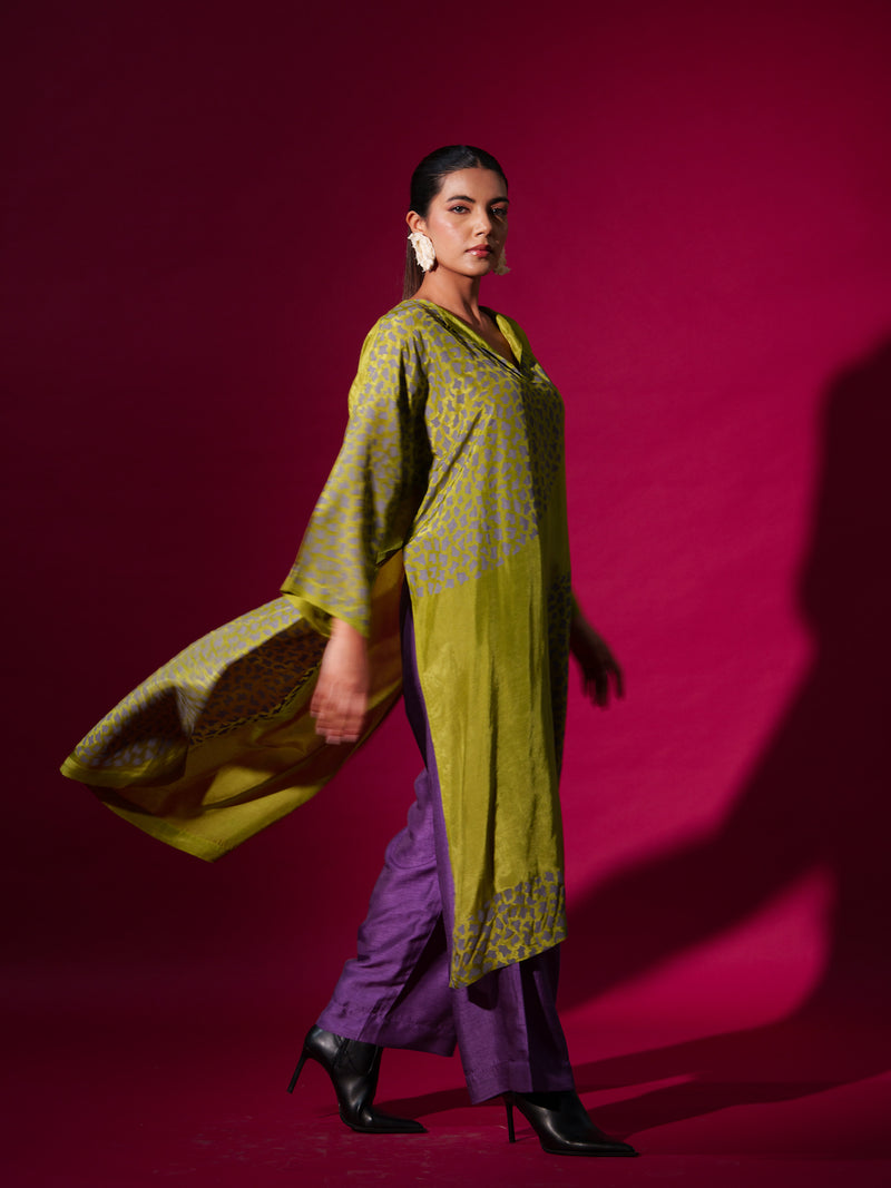 Beau Tunic-Leaf Green + Grey upada silk kaftans and tunics by Stoique in leaf green, grey for women in Singapore