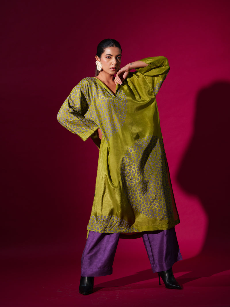 Beau Tunic-Leaf Green + Grey upada silk kaftans and tunics by Stoique in leaf green, grey for women in Singapore